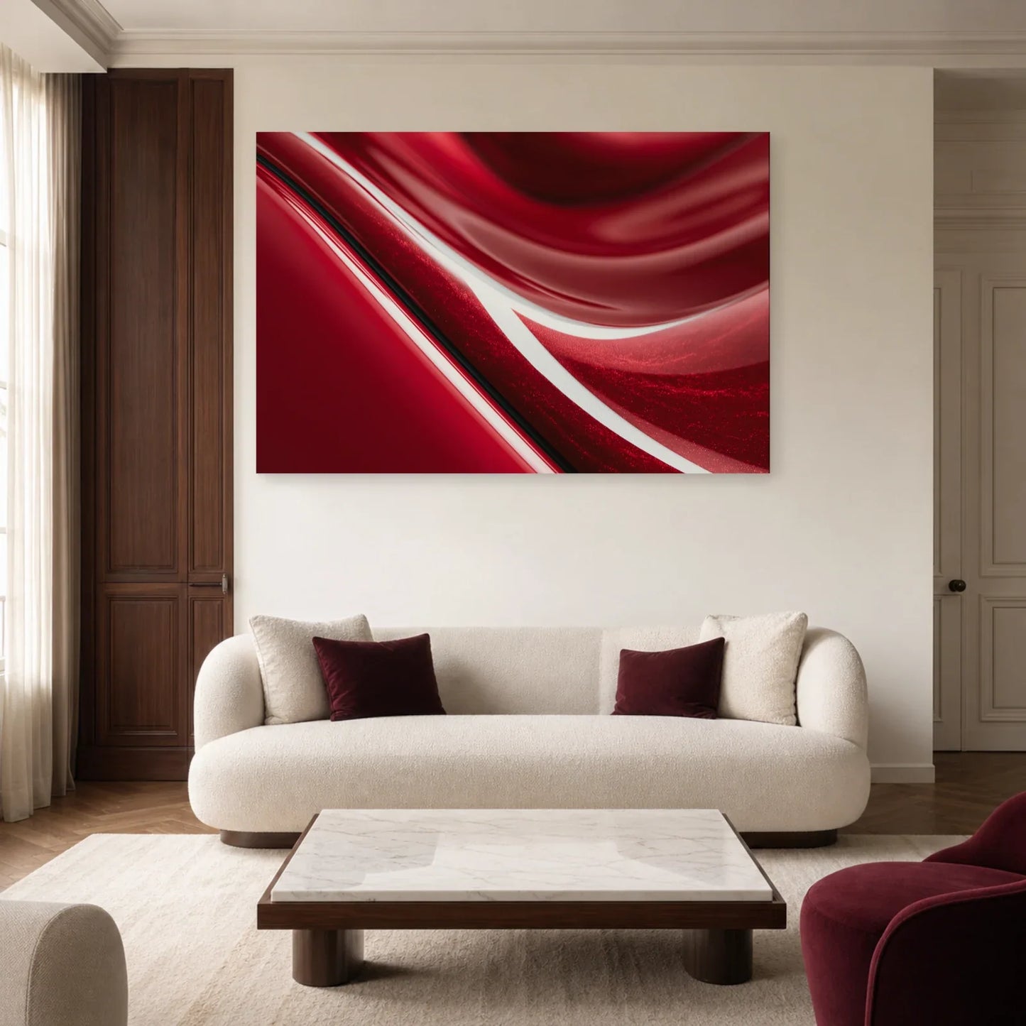 abstraction rouge rubis aux reflets blancs courbes et au sillon noir, présenté dans un salon contemporain