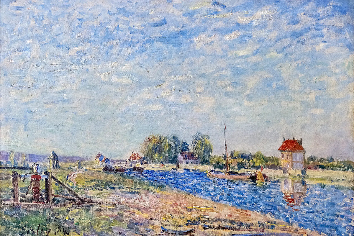 Canal bleu, rive claire, péniches et petite maison rouge – toile format M