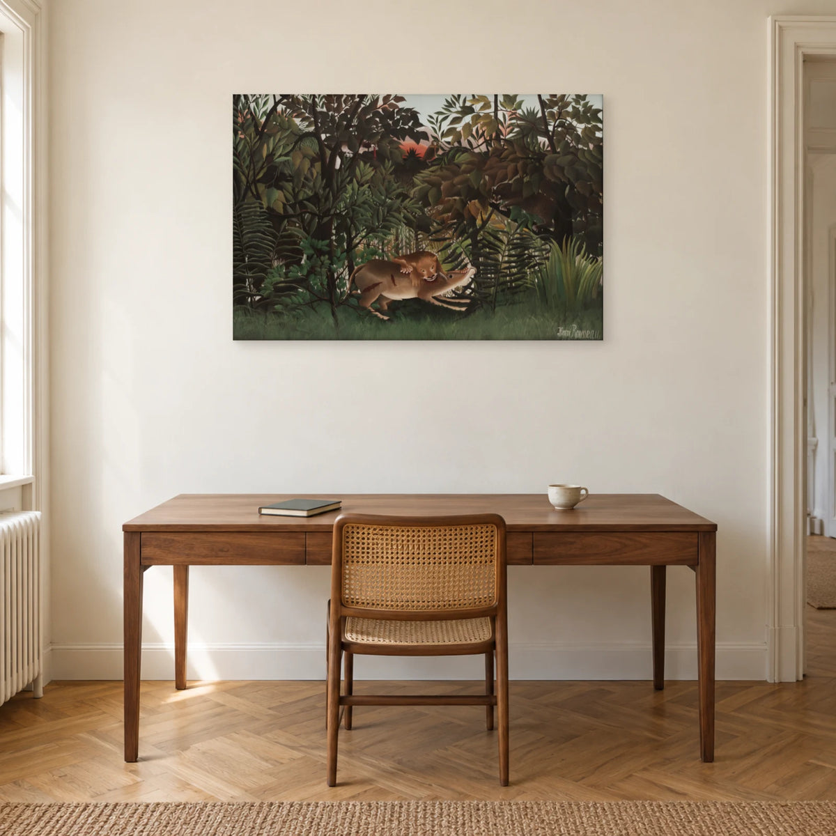 Tableau Le Lion ayant faim se jette sur l’antilope – Henri Rousseau dans un bureau - Art Virtuoso
