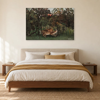 Tableau Le Lion ayant faim se jette sur l’antilope – Henri Rousseau dans une chambre - Art Virtuoso