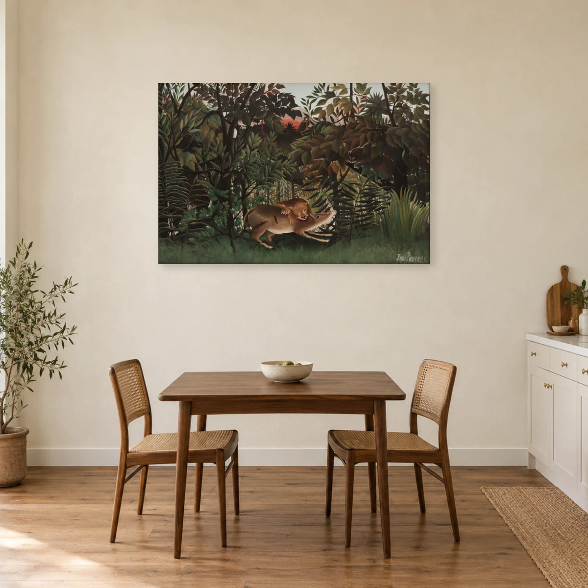 Tableau Le Lion ayant faim se jette sur l’antilope – Henri Rousseau dans une cuisine - Art Virtuoso