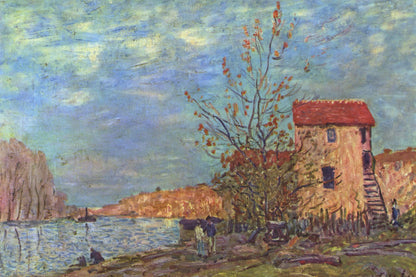 Maison au toit rouge et peupliers sur la rive du Loing – toile format M