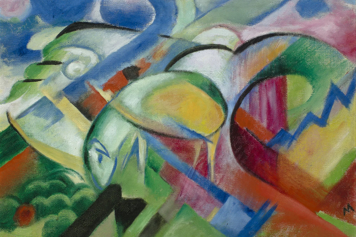 Mouton couché dans des formes vertes et bleues – toile format M