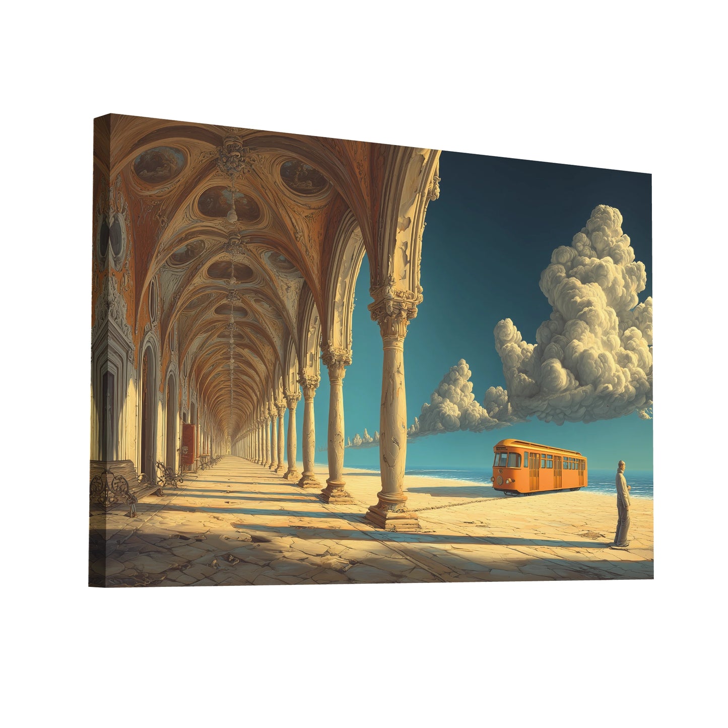 Product Hero 3D WebP Tableau Le Tram des Nuages - Promenade surréaliste sous les arcades - Art Virtuoso