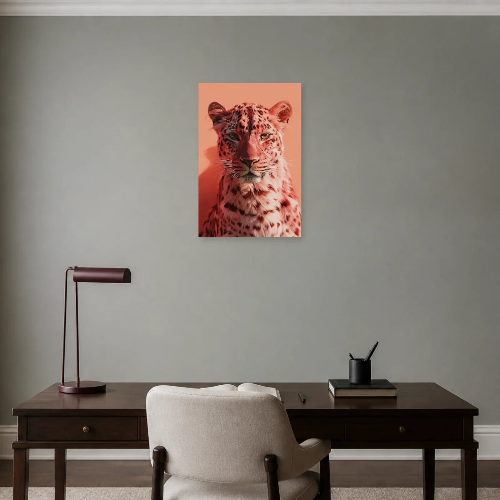 Tableau Léopard Rose présenté dans un bureau - Art Virtuoso