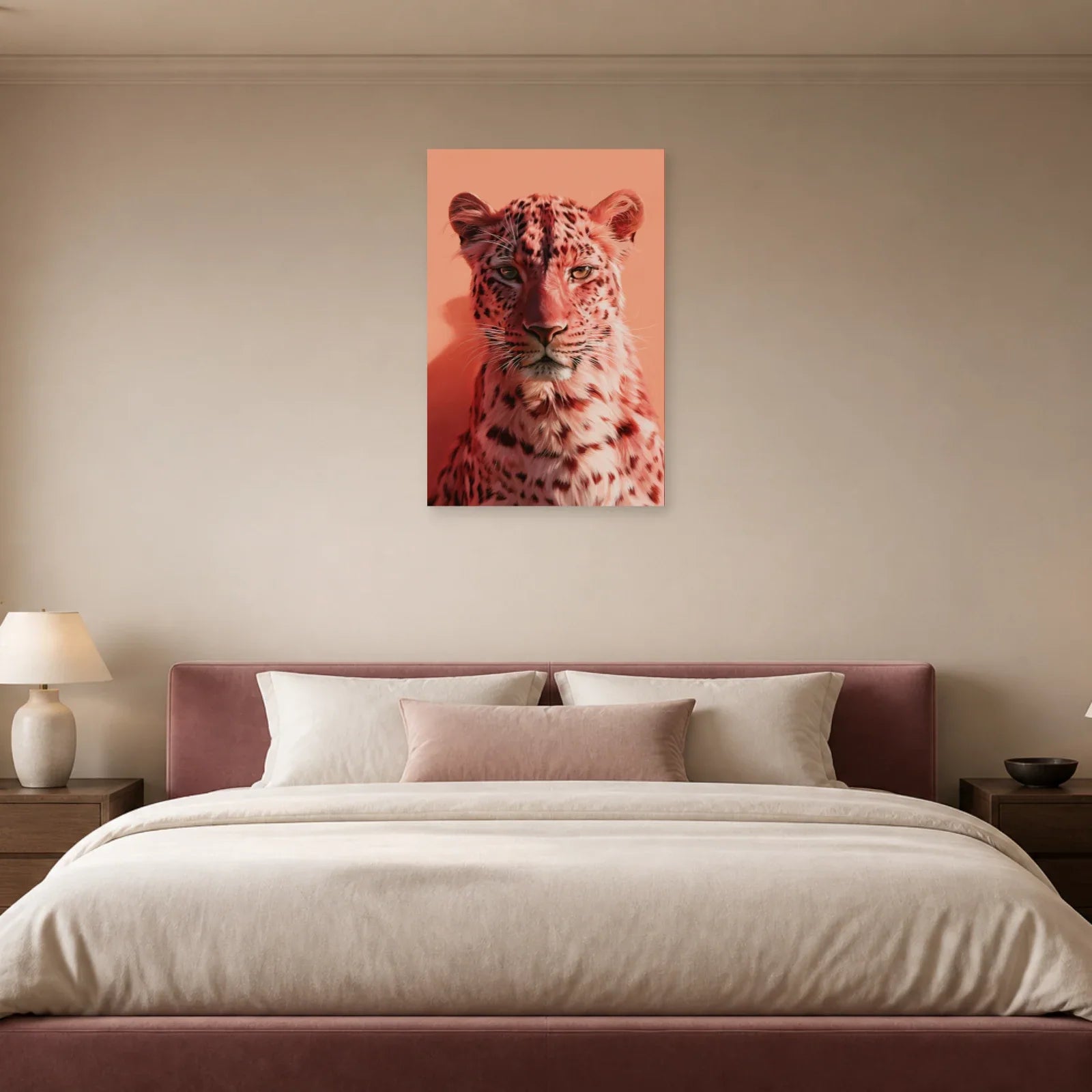 Tableau Léopard Rose présenté dans une chambre - Art Virtuoso