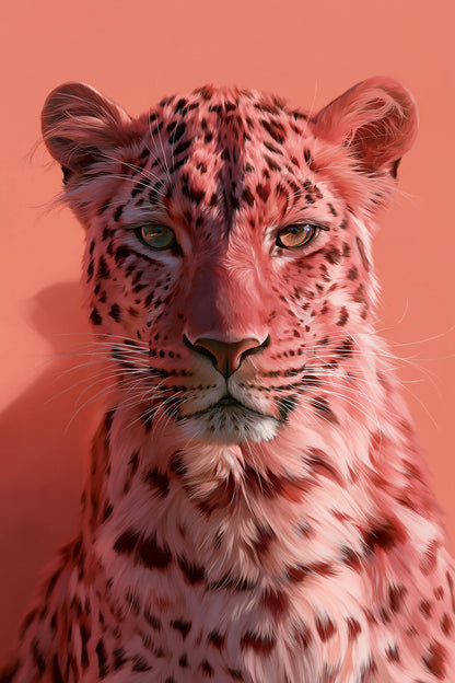 Tableau Léopard Rose, un léopard au regard direct, réinterprété dans une palette rose graphique, format S - Art Virtuoso