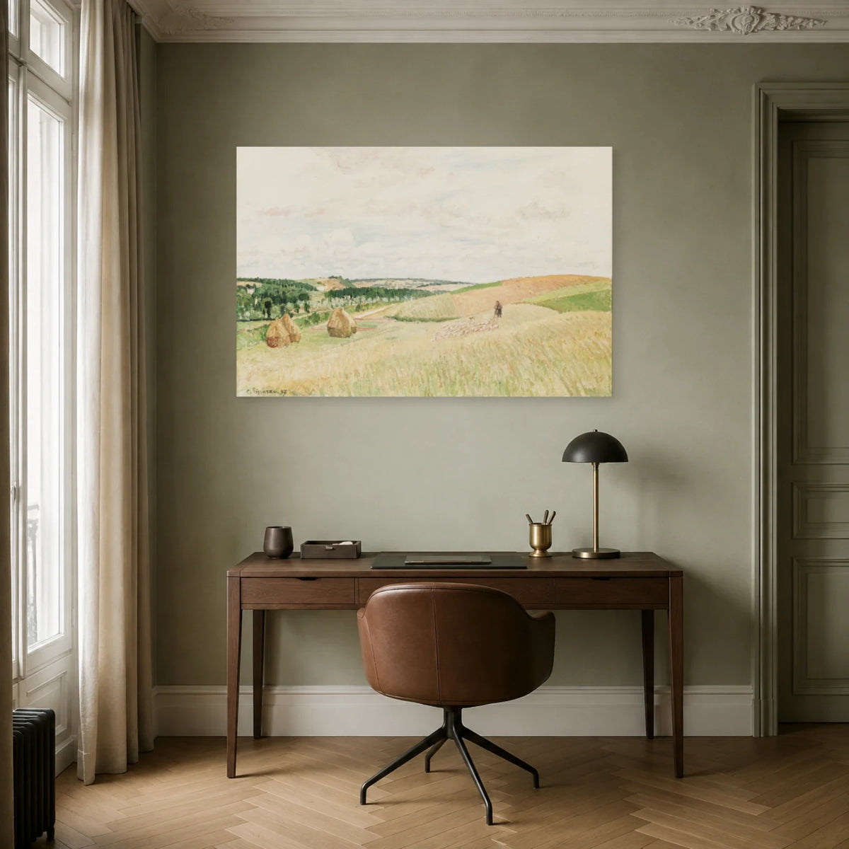 Tableau Les Coteaux de Thierceville, meules, berger et troupeau – Camille Pissarro dans un bureau - Art Virtuoso