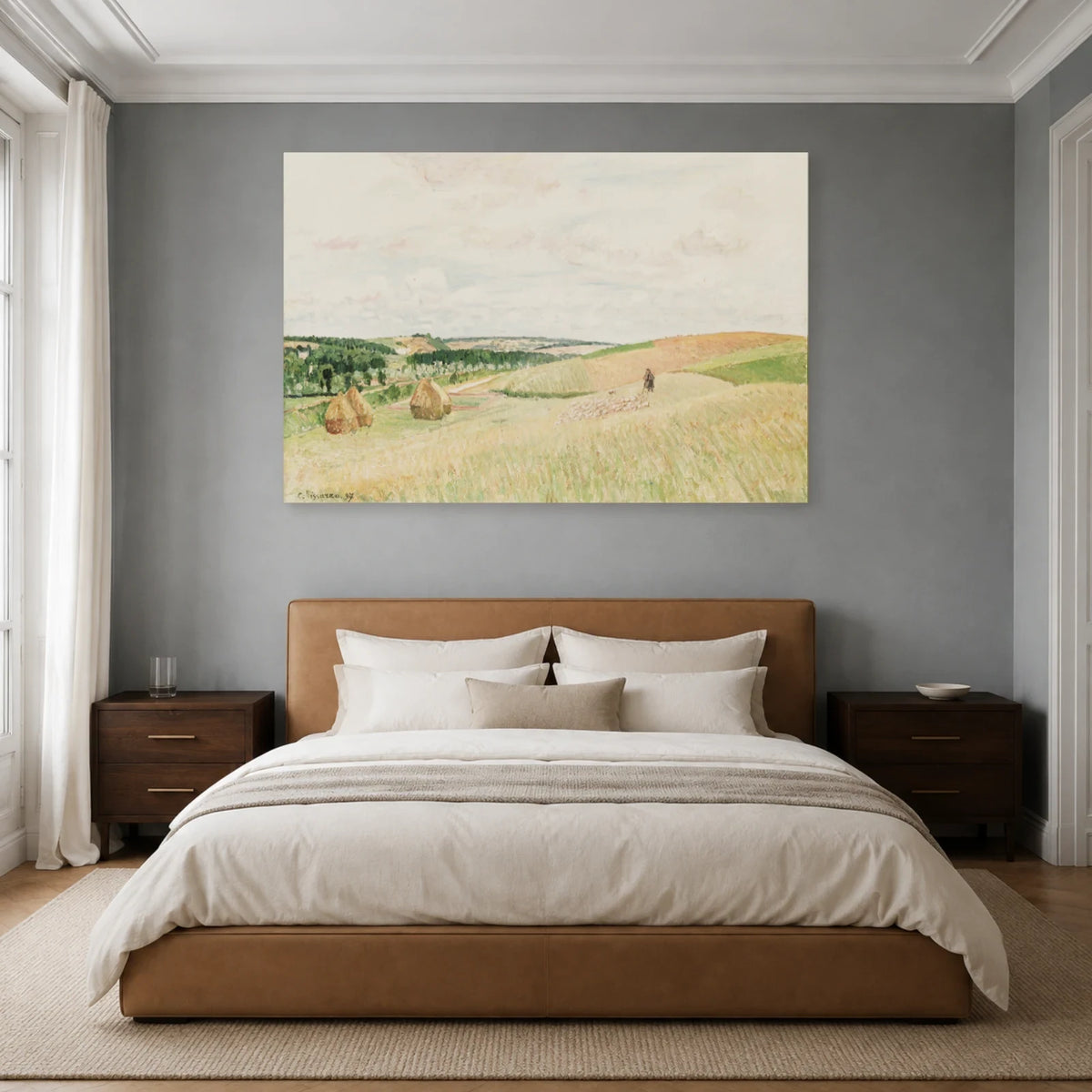 Tableau Les Coteaux de Thierceville, meules, berger et troupeau – Camille Pissarro dans une chambre - Art Virtuoso