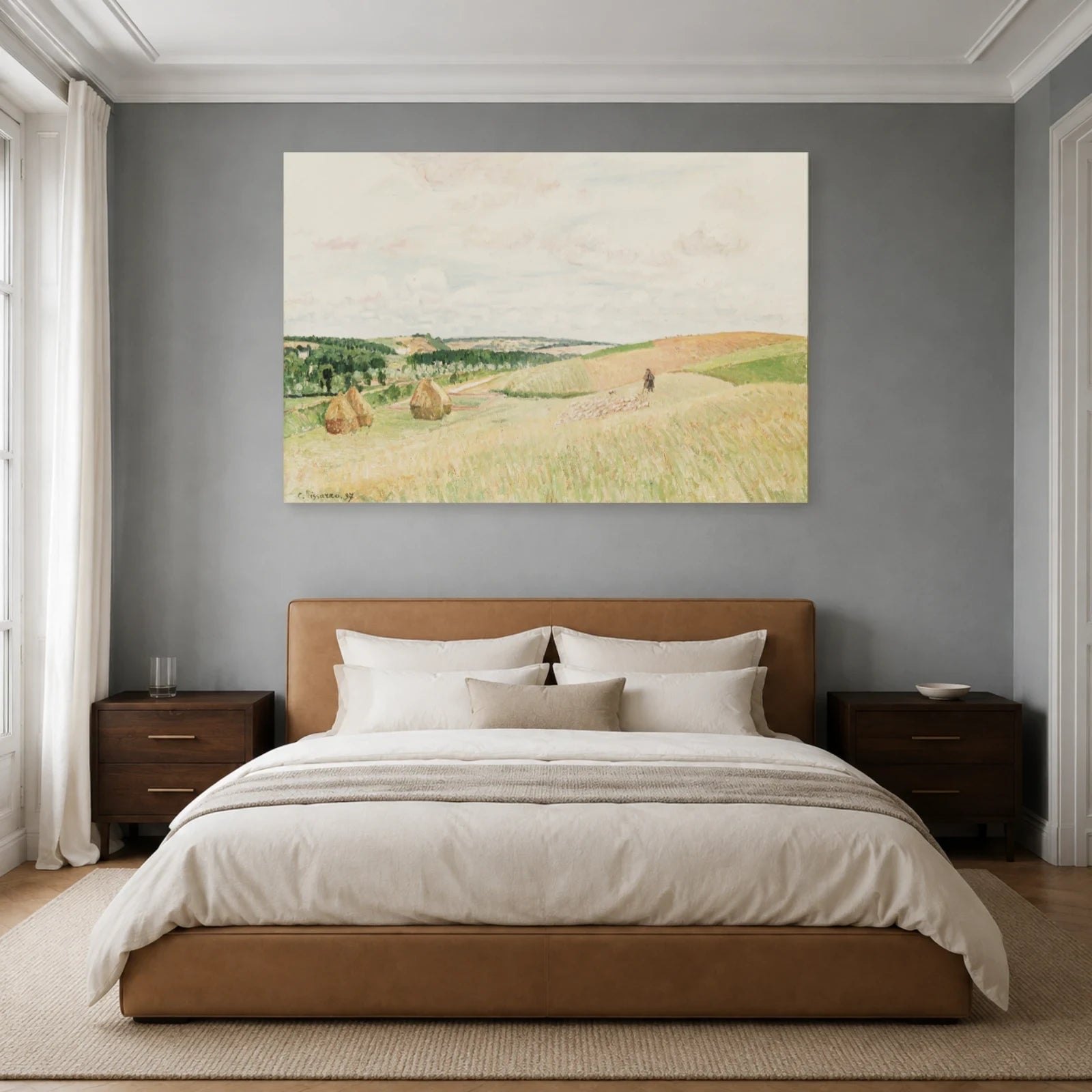 Tableau Les Coteaux de Thierceville, meules, berger et troupeau – Camille Pissarro dans une chambre - Art Virtuoso