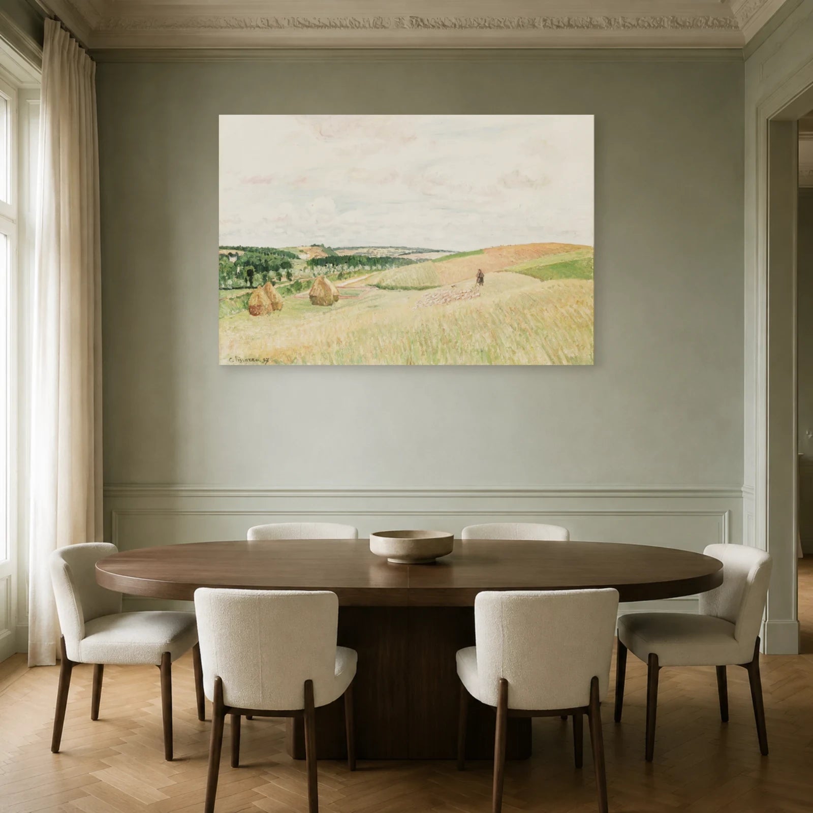 Tableau Les Coteaux de Thierceville, meules, berger et troupeau – Camille Pissarro dans une salle à manger - Art Virtuoso