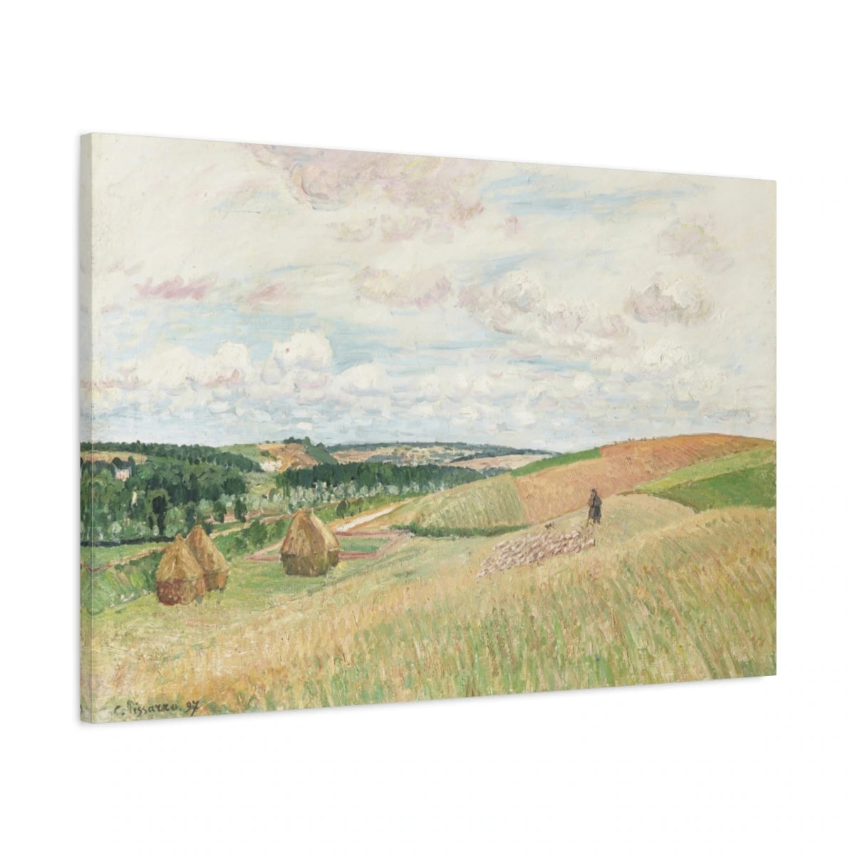 Tableau Les Coteaux de Thierceville, meules, berger et troupeau – Camille Pissarro - toile 3D avec bords imprimés - Art Virtuoso