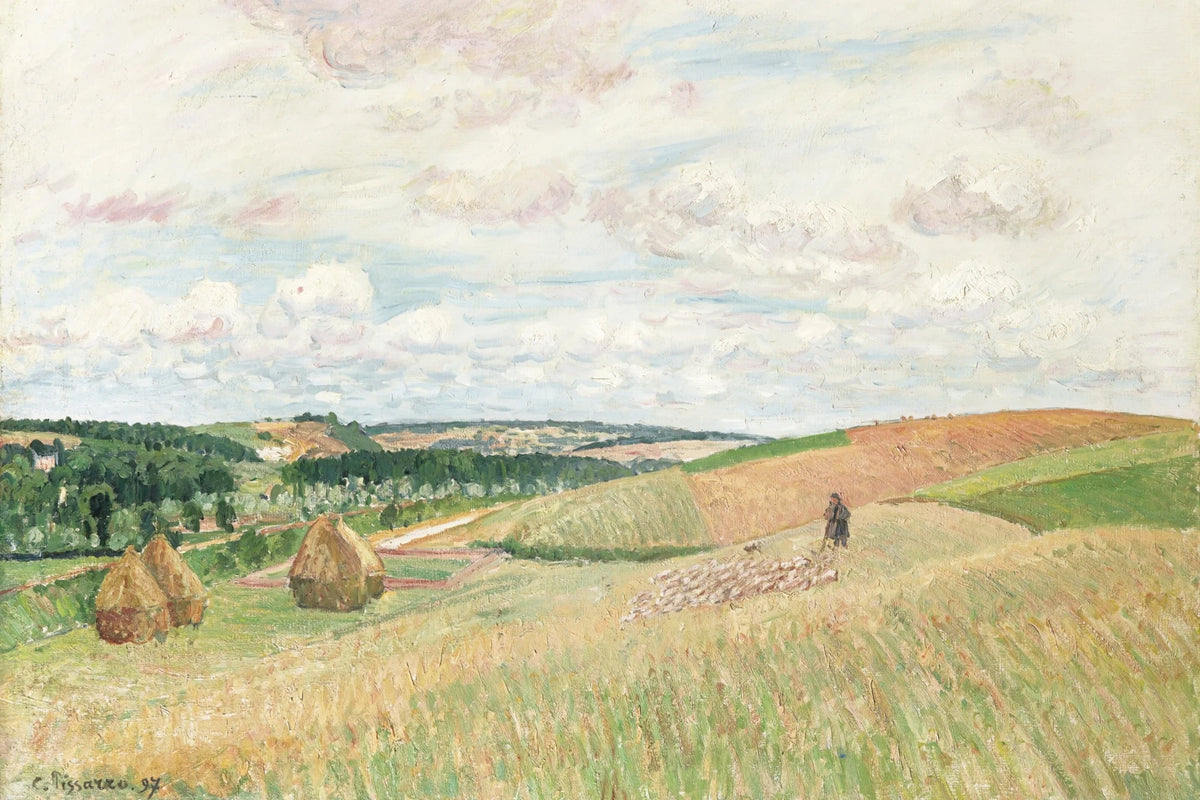 Tableau Les Coteaux de Thierceville, meules, berger et troupeau – Camille Pissarro - impression sur toile, format XXL