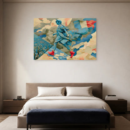 Tableau bleu beige et rouge présenté dans une chambre