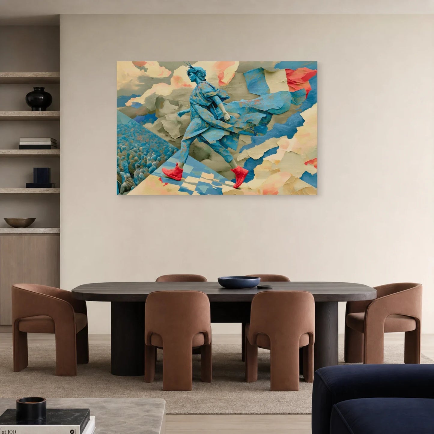 Marianne contemporaine au drapeau tricolore dans une salle à manger