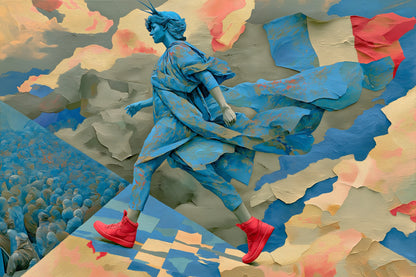 Silhouette en course et foule bleue sous le drapeau français, format XL