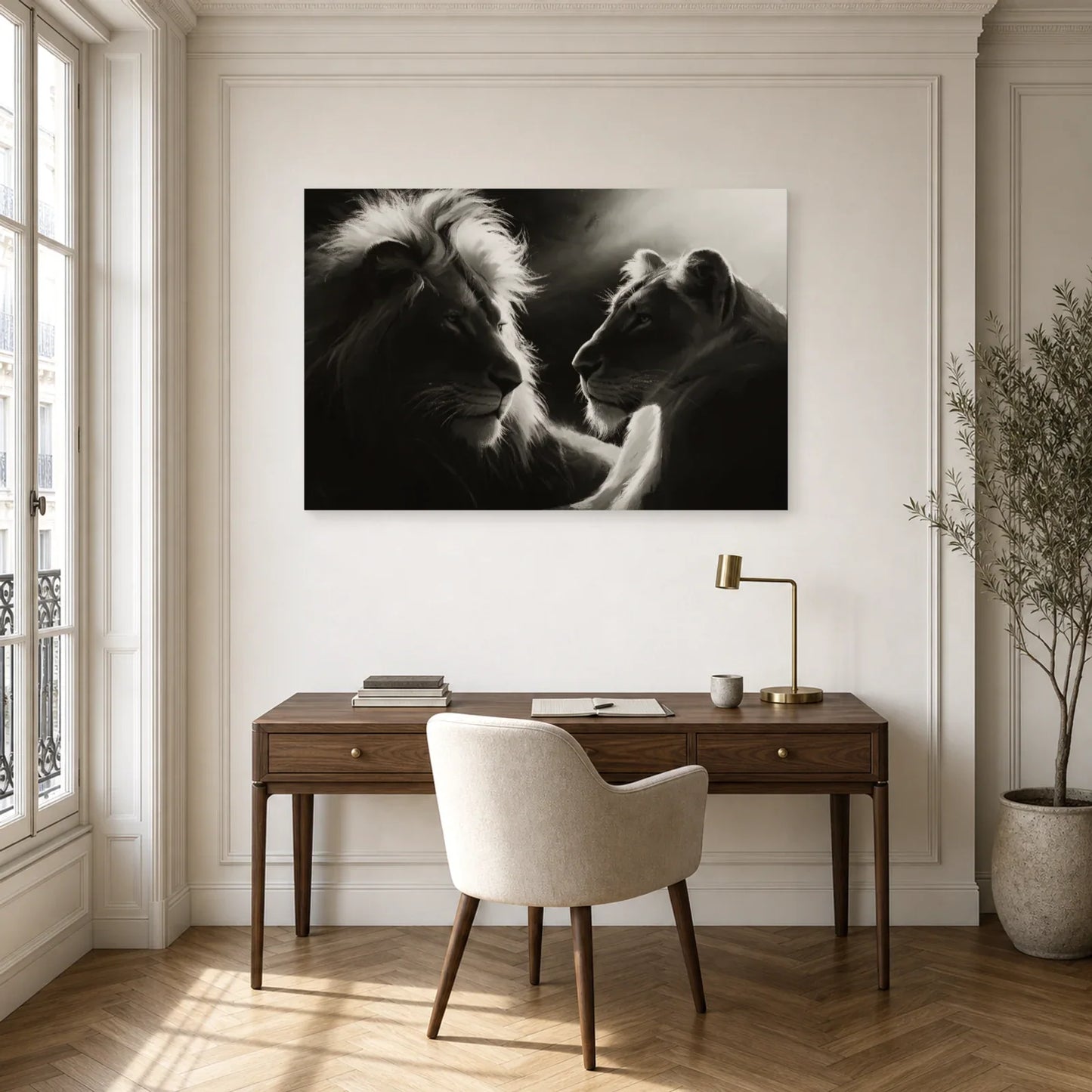 Tableau Lion Lionne Noir et Blanc - Face a Face Royal dans un bureau - Art Virtuoso