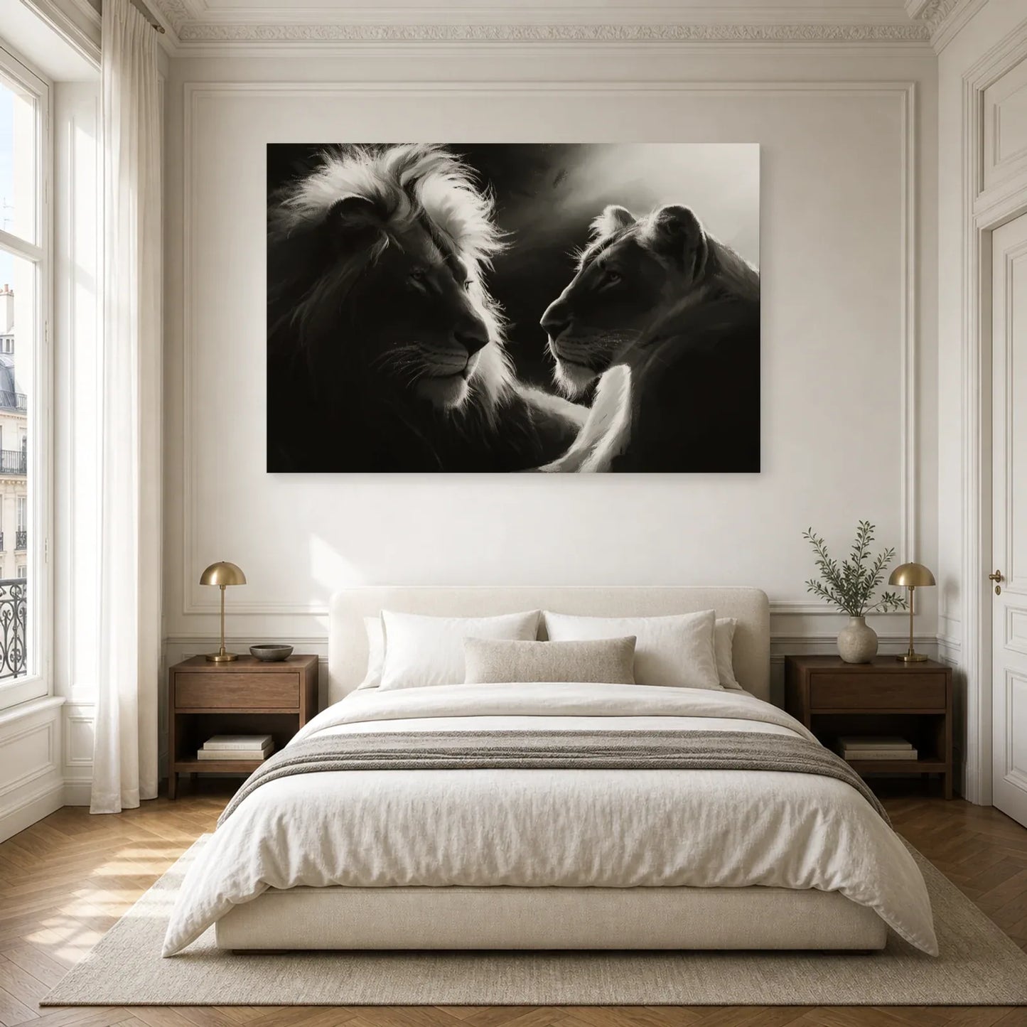 Tableau Lion Lionne Noir et Blanc - Face a Face Royal dans une chambre - Art Virtuoso