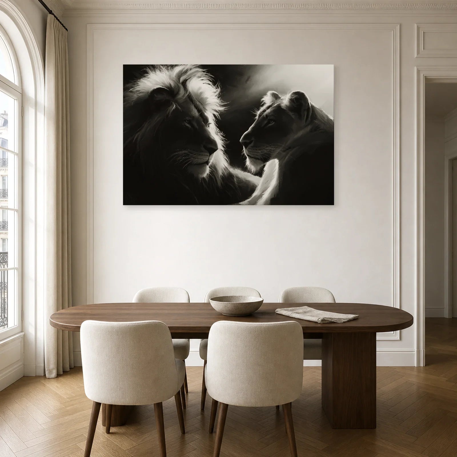 Tableau Lion Lionne Noir et Blanc - Face a Face Royal dans une cuisine - Art Virtuoso