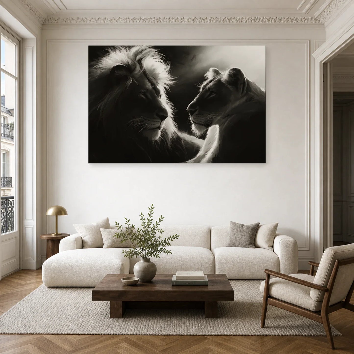 Tableau Lion Lionne Noir et Blanc - Face a Face Royal dans un salon - Art Virtuoso