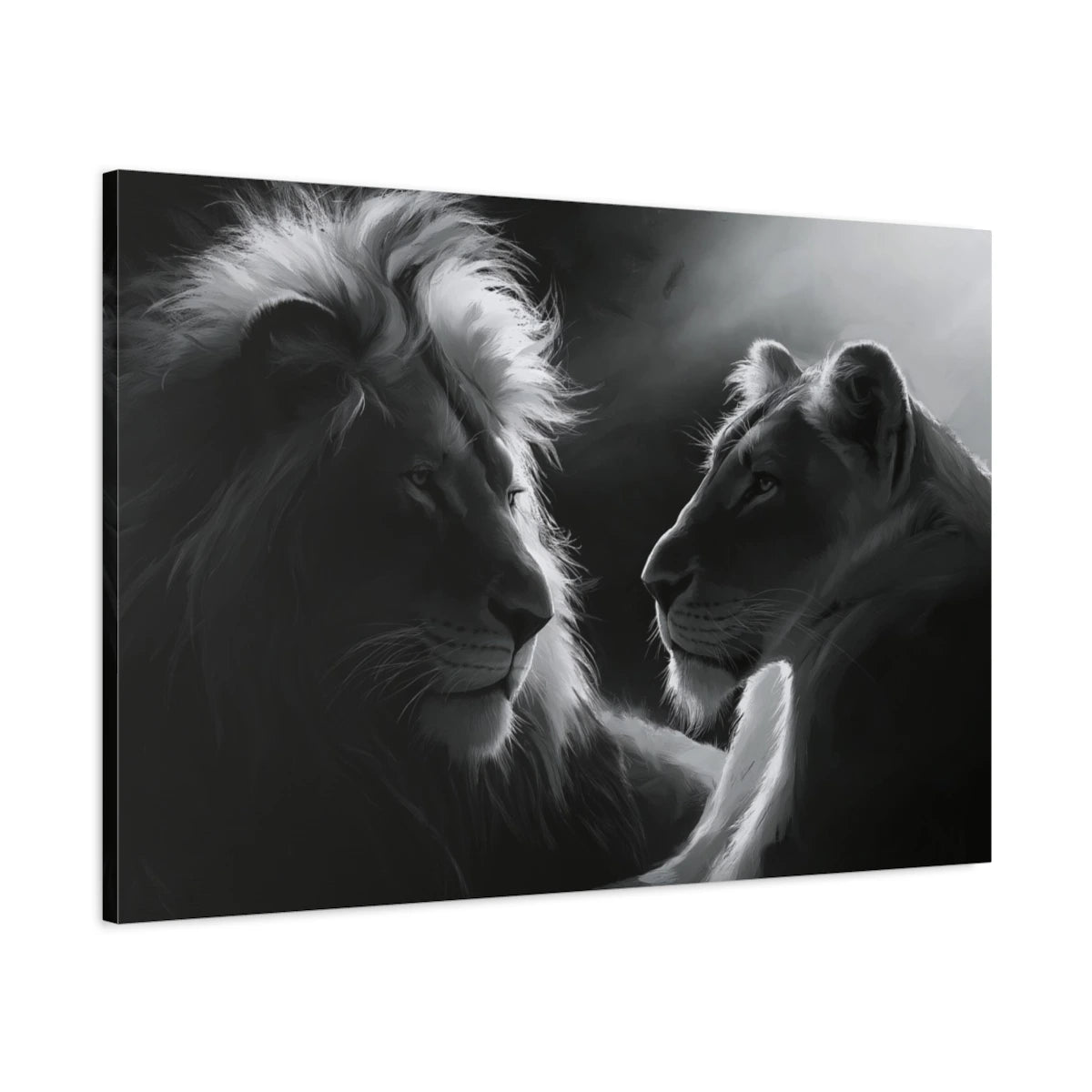 Tableau lion et lionne noir et blanc portrait contraste - toile 3D avec bords imprimés visibles