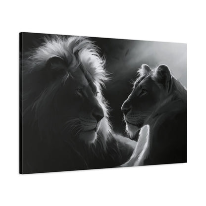 Tableau lion et lionne noir et blanc portrait contraste - toile 3D avec bords imprimés visibles