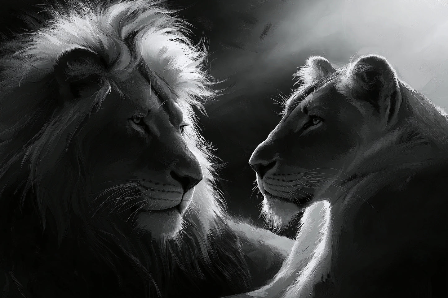 Tableau lion et lionne noir et blanc portrait contraste - format XL