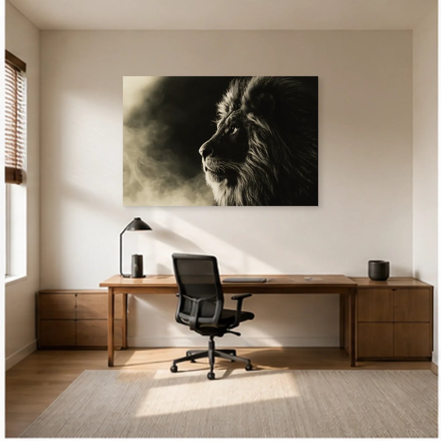 Tableau Lion Noir et Blanc - Profil Majestueux dans un bureau - Art Virtuoso