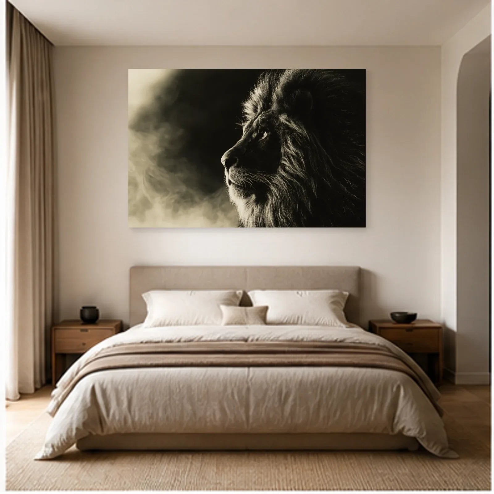Tableau Lion Noir et Blanc - Profil Majestueux dans une chambre - Art Virtuoso