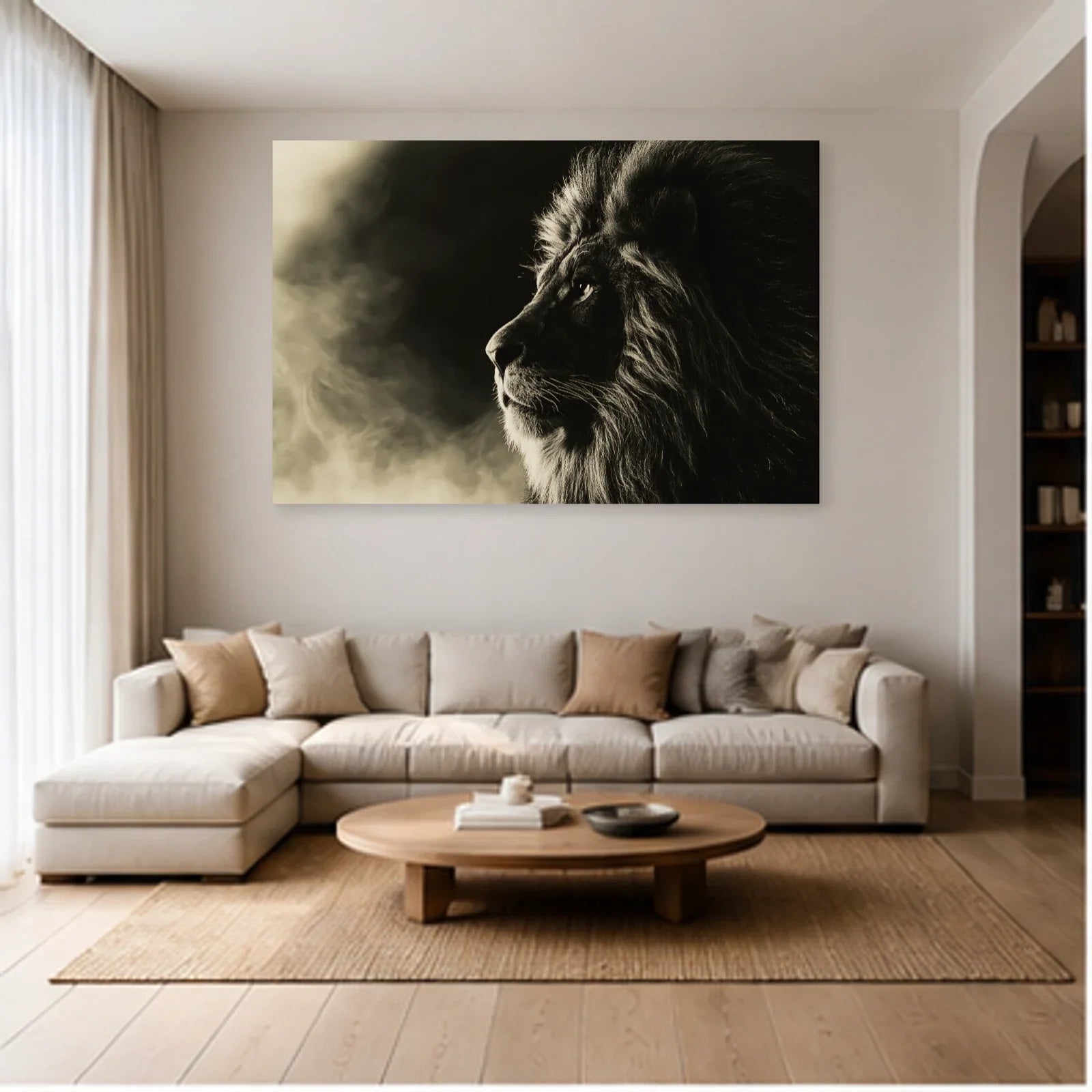 Tableau Lion Noir et Blanc - Profil Majestueux dans un salon - Art Virtuoso