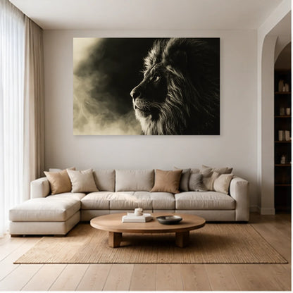 Tableau Lion Noir et Blanc - Profil Majestueux dans un salon - Art Virtuoso