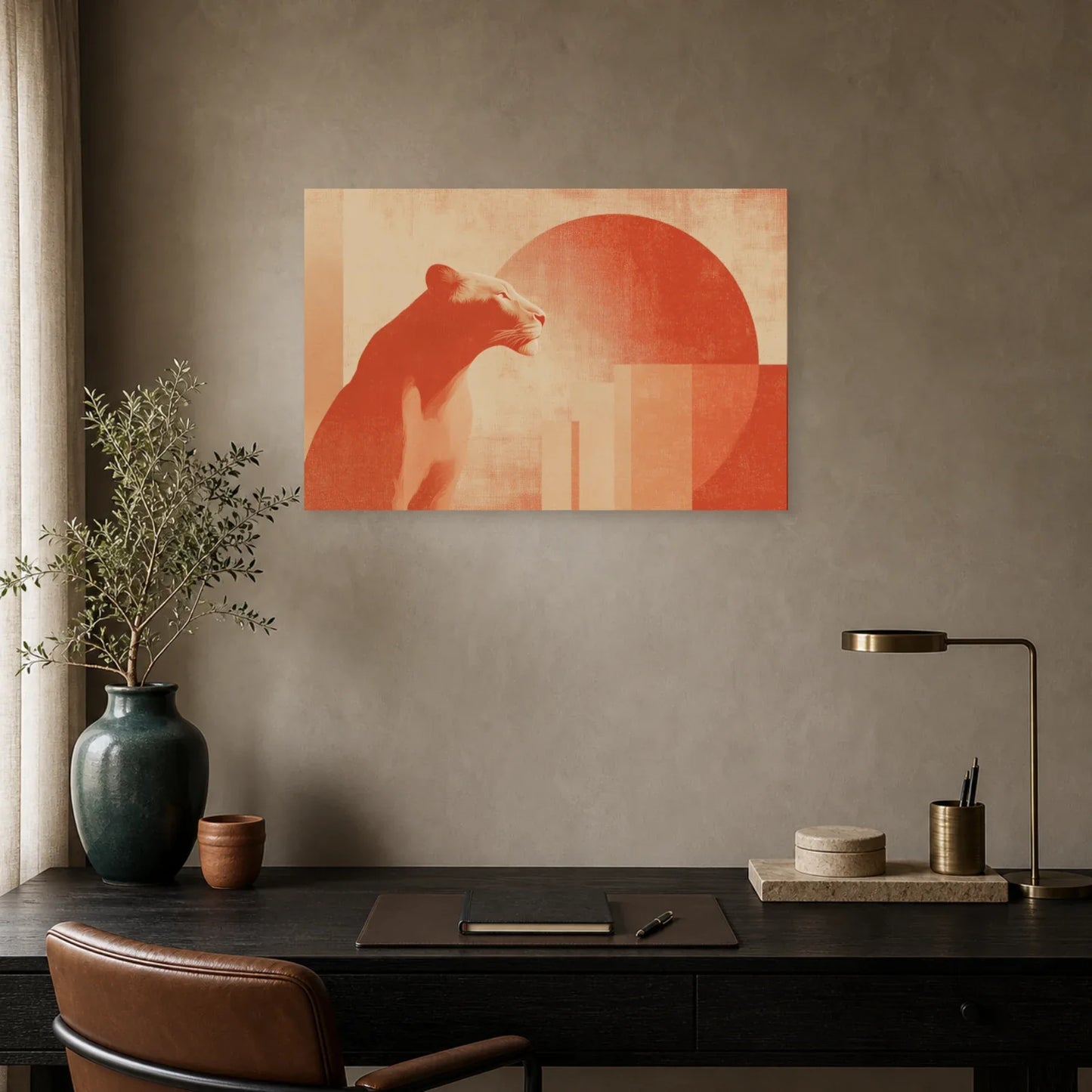 Tableau Lion Stylise Terracotta dans un bureau - Art Virtuoso