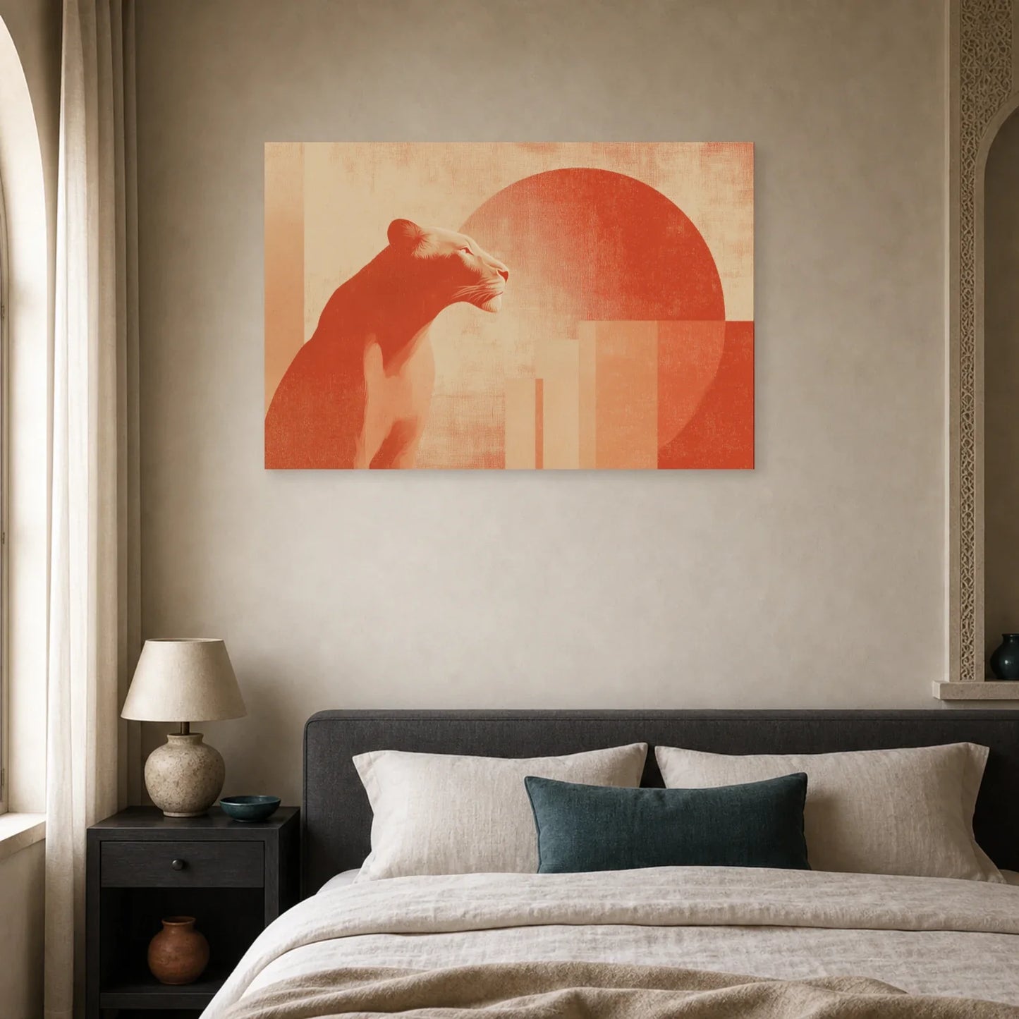 Tableau Lion Stylise Terracotta dans une chambre - Art Virtuoso