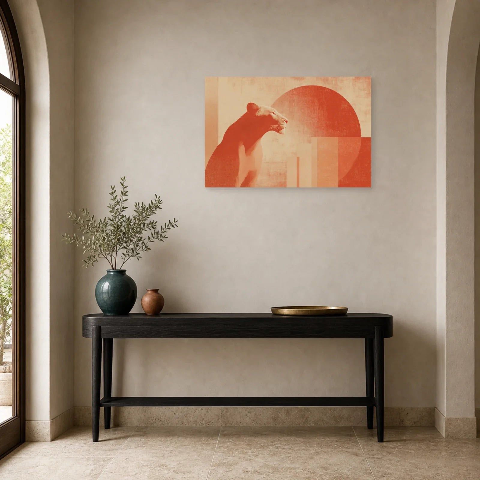 Tableau Lion Stylise Terracotta dans une entree ou un couloir - Art Virtuoso
