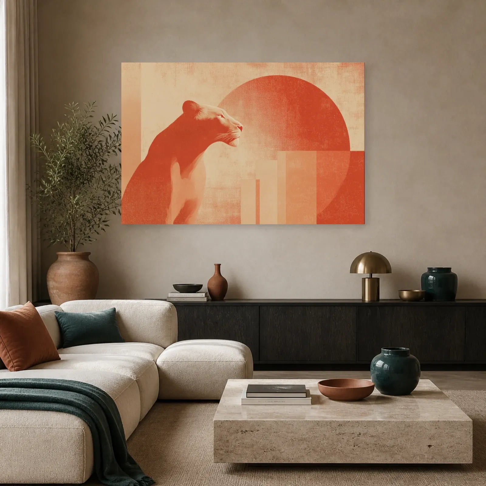 Tableau Lion Stylise Terracotta dans un salon - Art Virtuoso