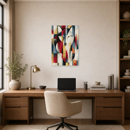 Mockup WebP Tableau Loup Abstrait Eclats Graphique dans un bureau - Art Virtuoso