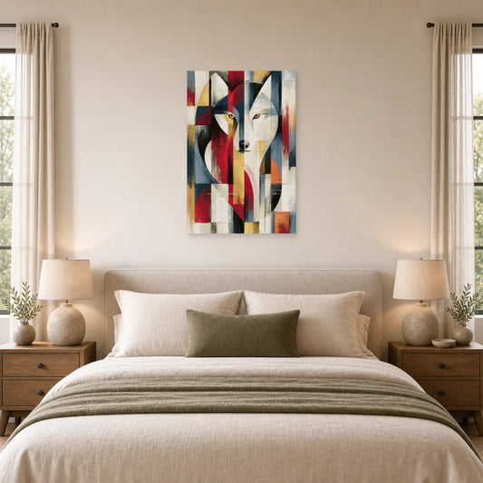 Mockup WebP Tableau Loup Abstrait Eclats Graphique dans une chambre - Art Virtuoso