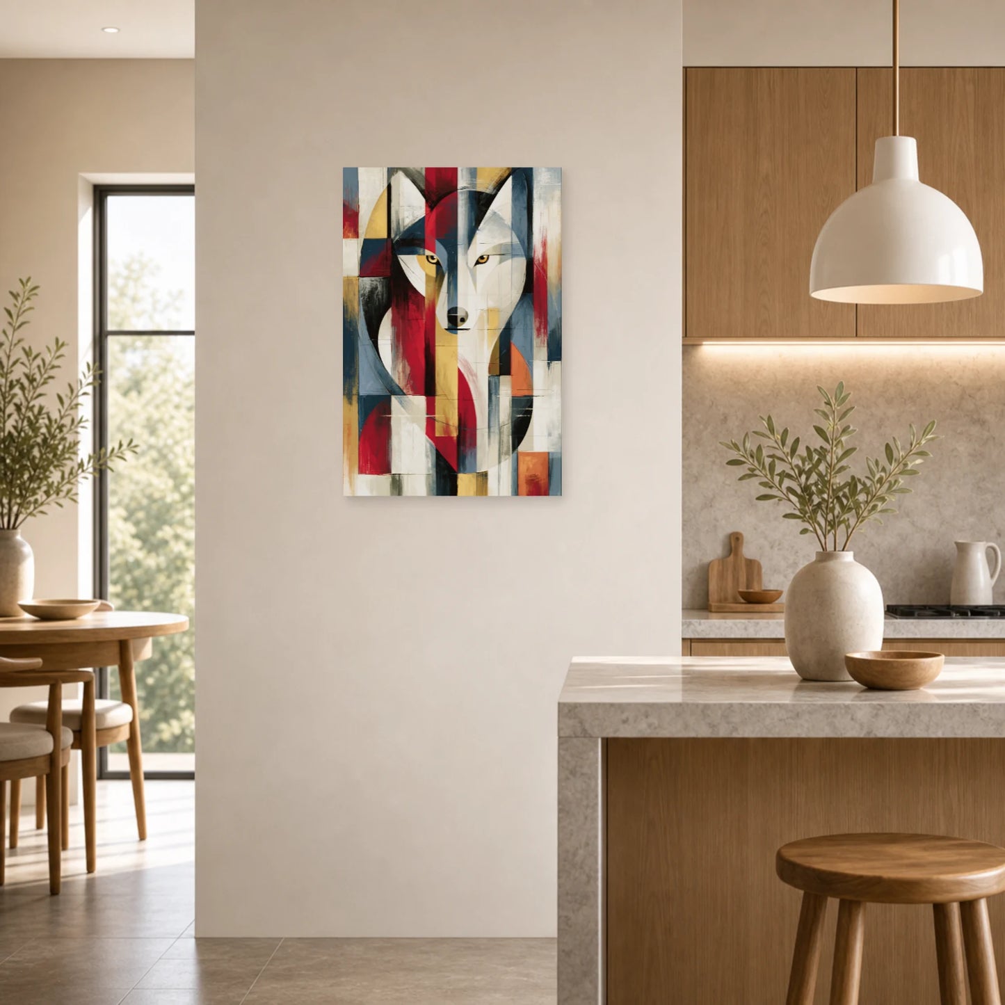 Mockup WebP Tableau Loup Abstrait Eclats Graphique dans une cuisine - Art Virtuoso