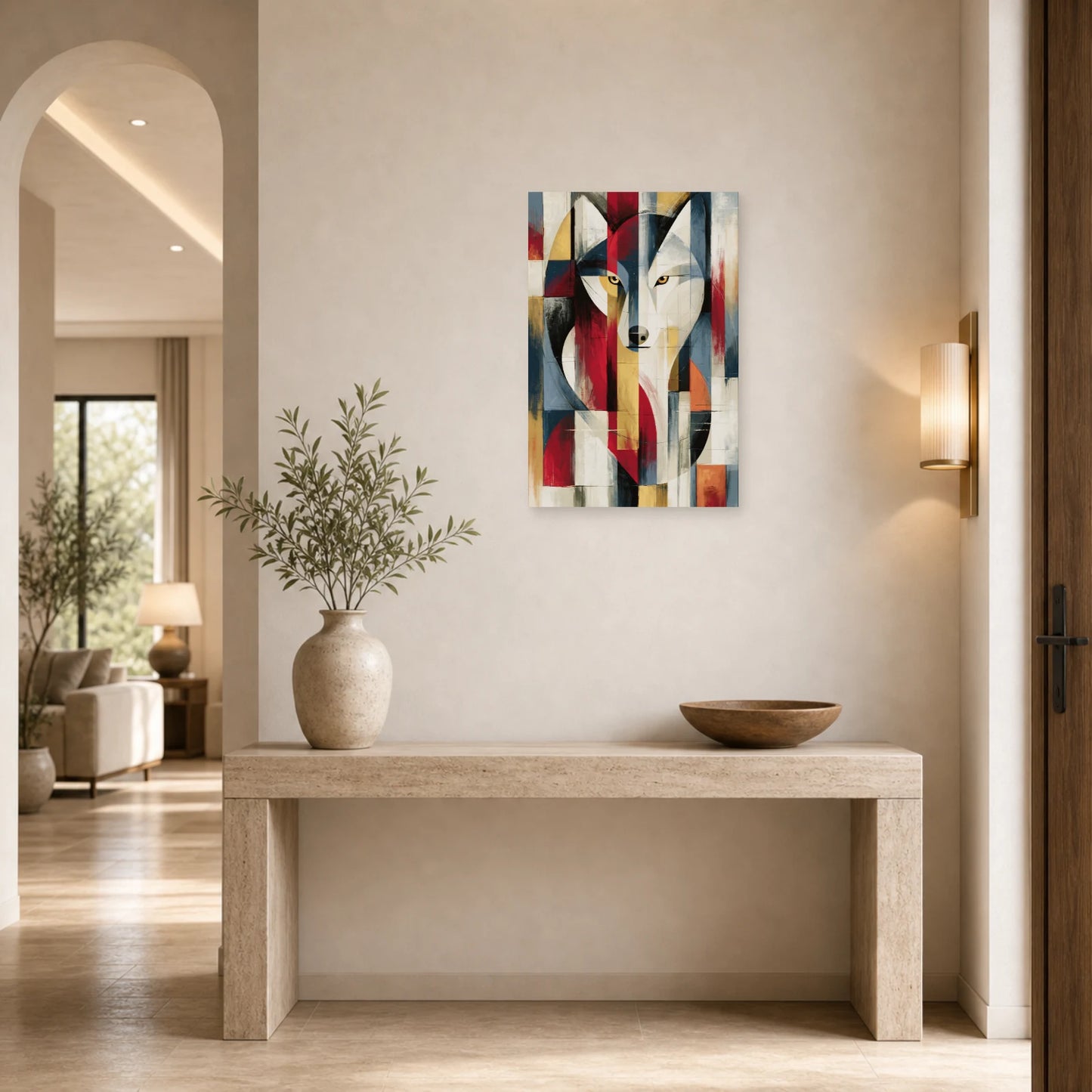 Mockup WebP Tableau Loup Abstrait Eclats Graphique dans une entree ou un couloir - Art Virtuoso