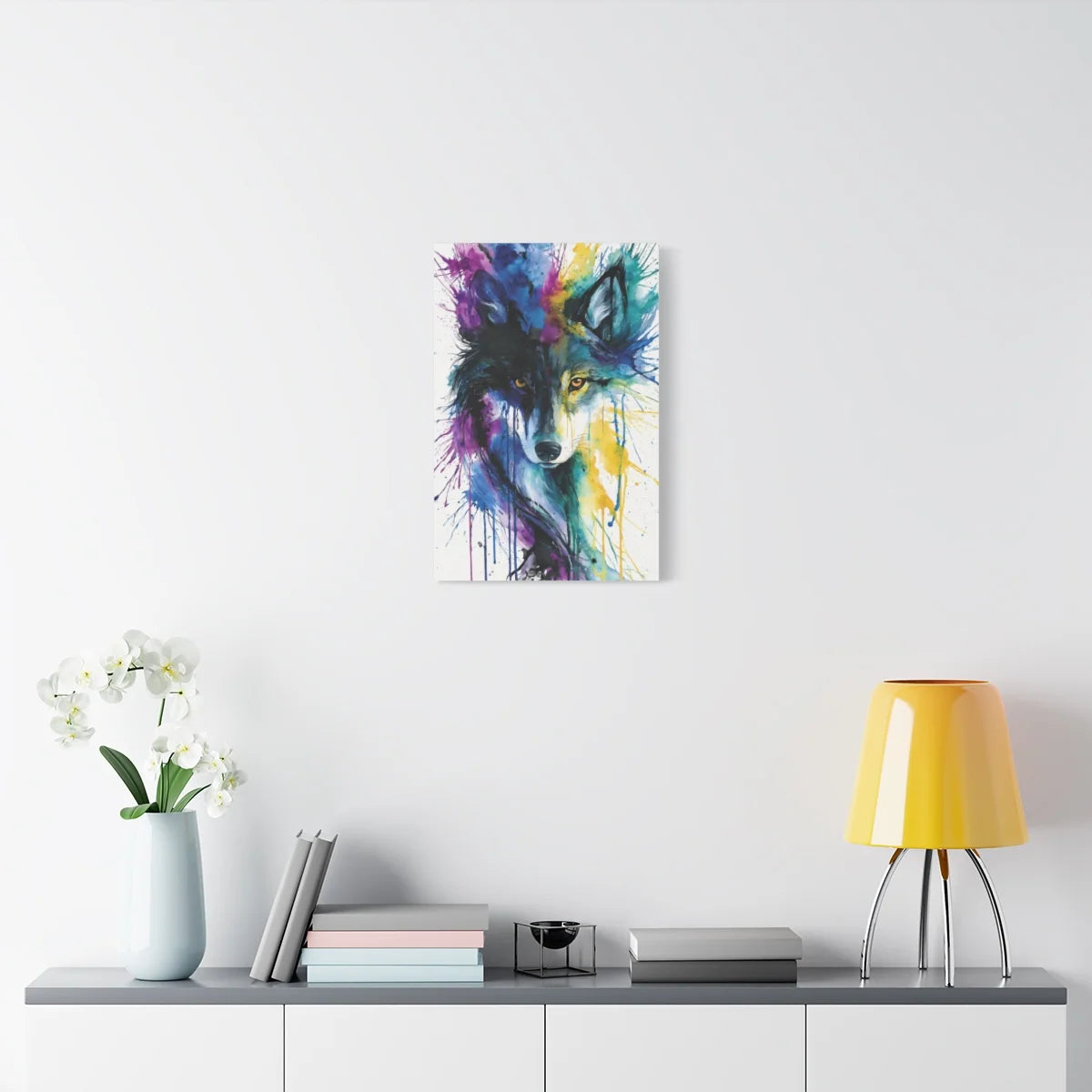 Tableau Loup Aquarelle Multicolore - Âme Sauvage - décor salon contemporain bois