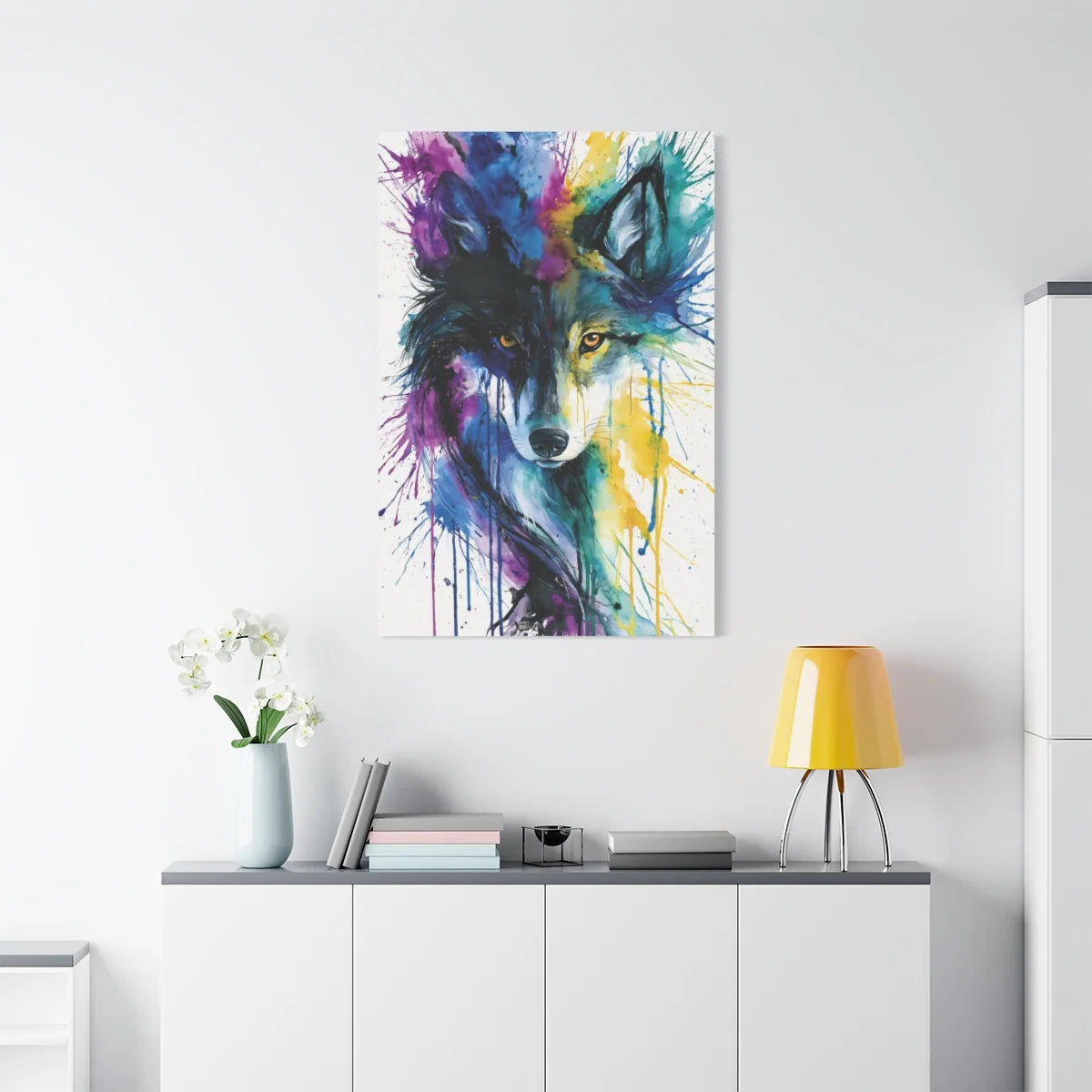 Tableau Loup Aquarelle Multicolore - Âme Sauvage - vue mur grande hauteur