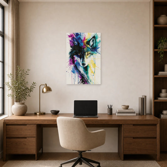Mockup WebP Tableau Loup Aquarelle Eclats Couleur dans un bureau - Art Virtuoso