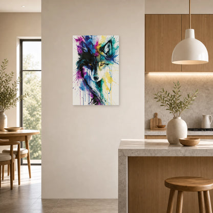 Mockup WebP Tableau Loup Aquarelle Eclats Couleur dans une cuisine - Art Virtuoso
