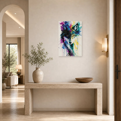 Mockup WebP Tableau Loup Aquarelle Eclats Couleur dans une entree ou un couloir - Art Virtuoso
