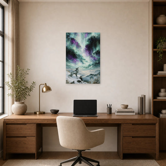 Mockup WebP Tableau Loup Arctique Aurore Boreale dans un bureau - Art Virtuoso
