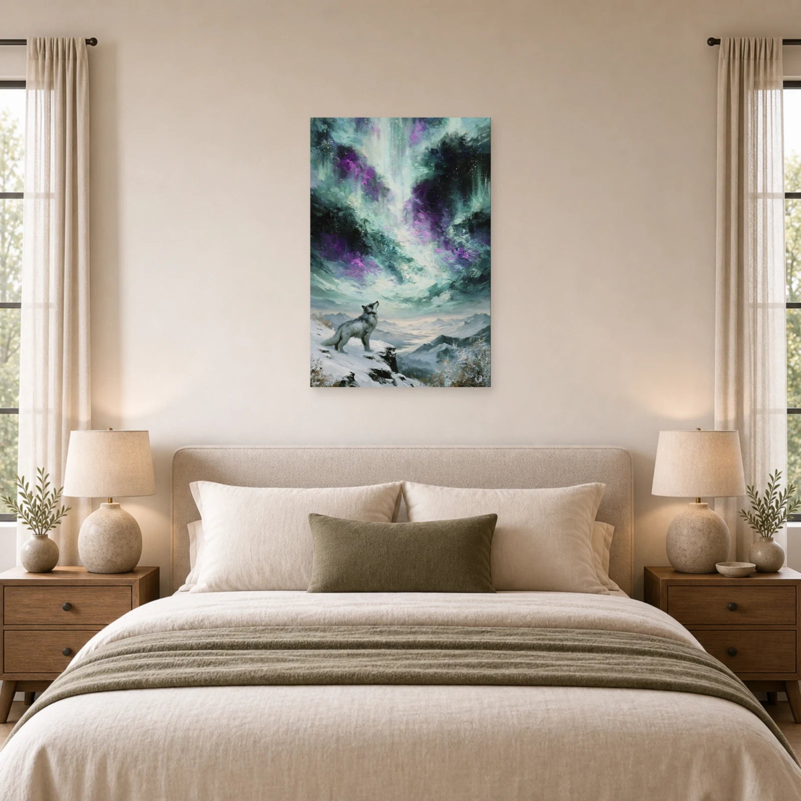 Mockup WebP Tableau Loup Arctique Aurore Boreale dans une chambre - Art Virtuoso