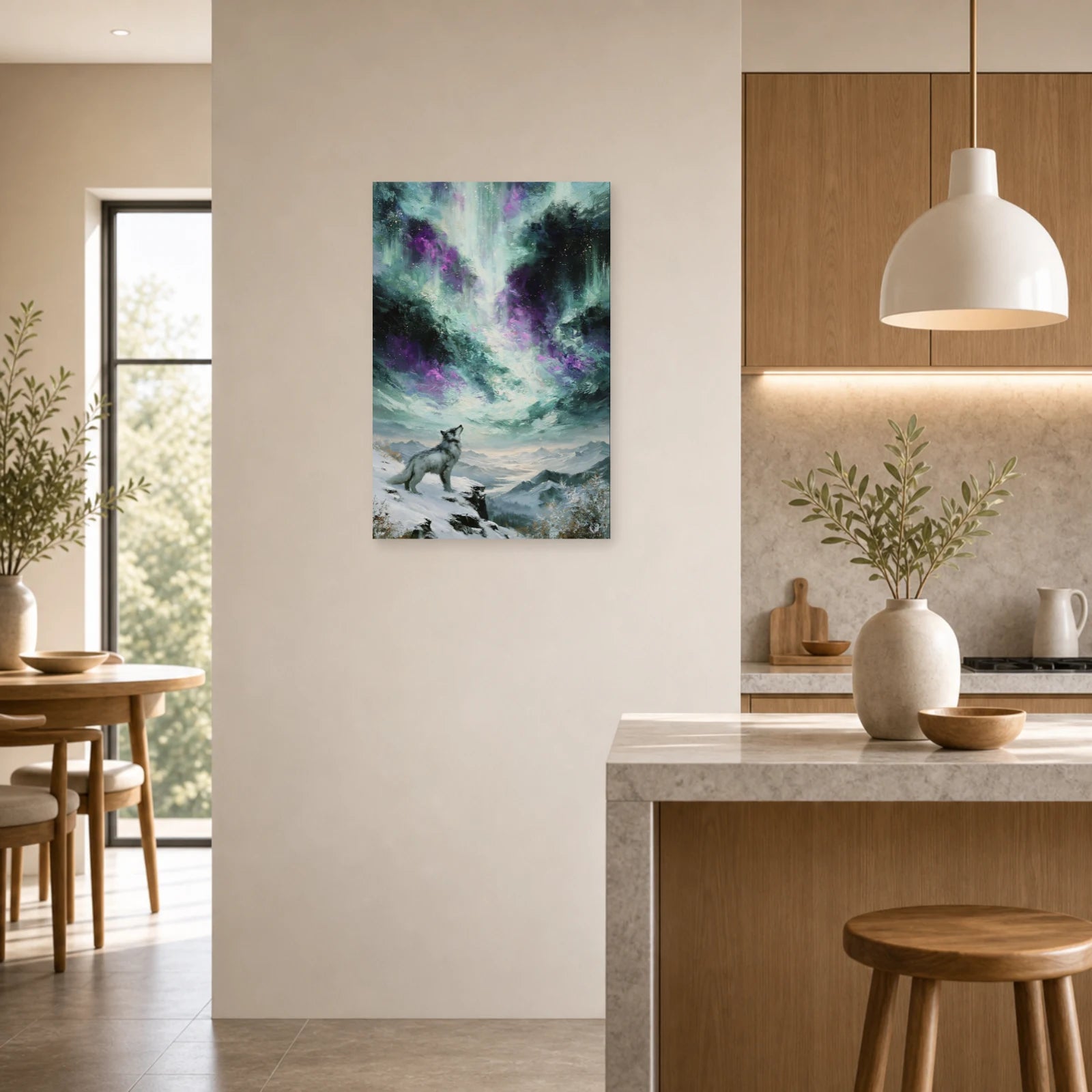 Mockup WebP Tableau Loup Arctique Aurore Boreale dans une cuisine - Art Virtuoso