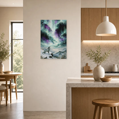 Mockup WebP Tableau Loup Arctique Aurore Boreale dans une cuisine - Art Virtuoso