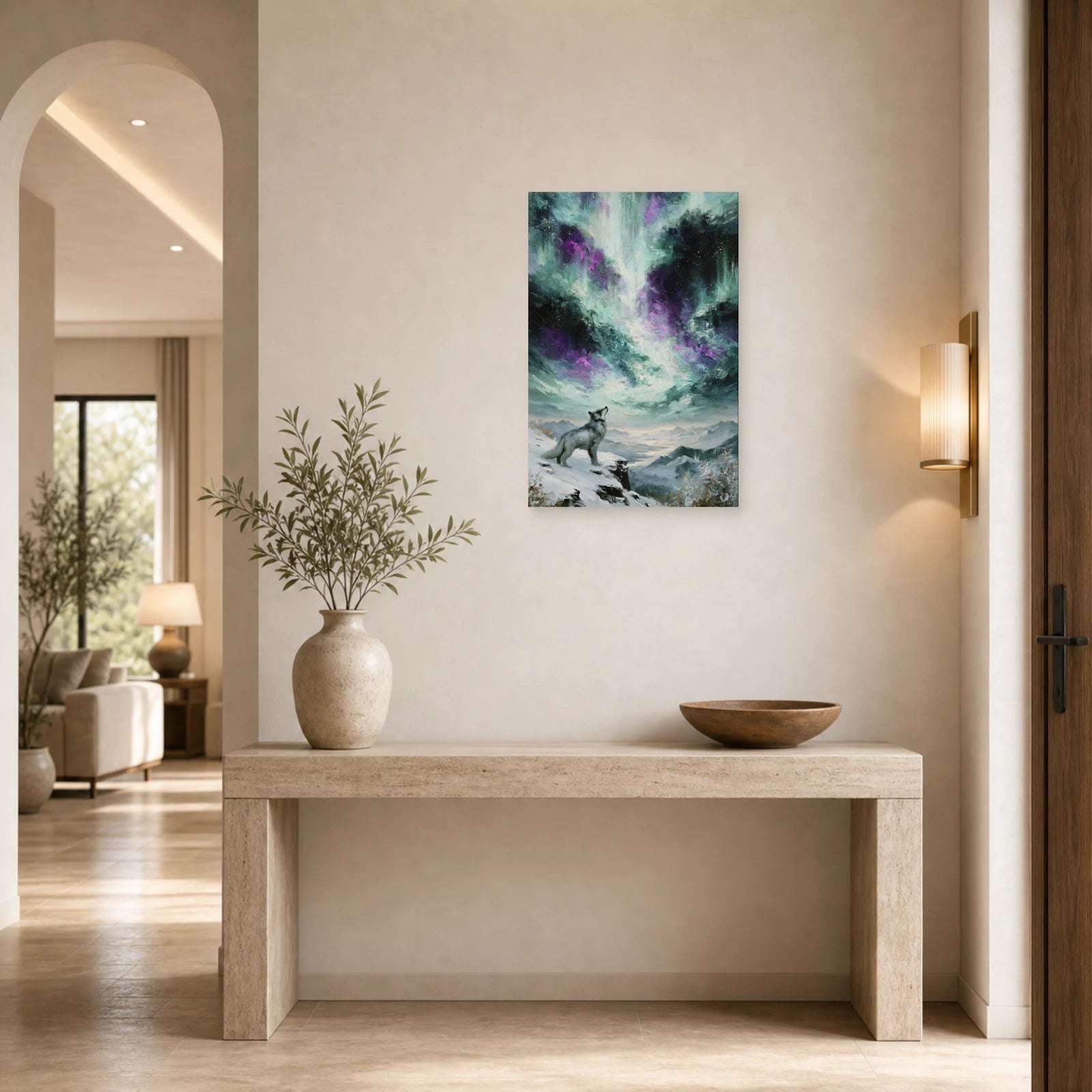 Mockup WebP Tableau Loup Arctique Aurore Boreale dans une entree ou un couloir - Art Virtuoso
