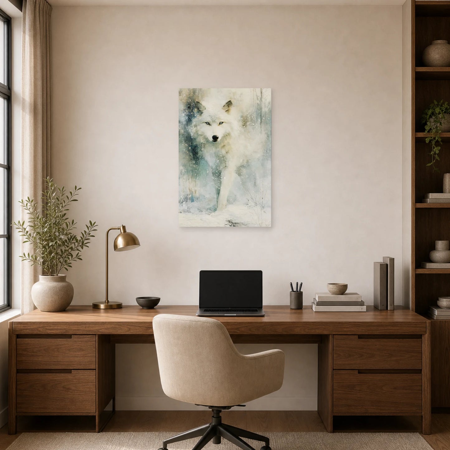 Mockup WebP Tableau Loup Blanc Neige dans un bureau - Art Virtuoso